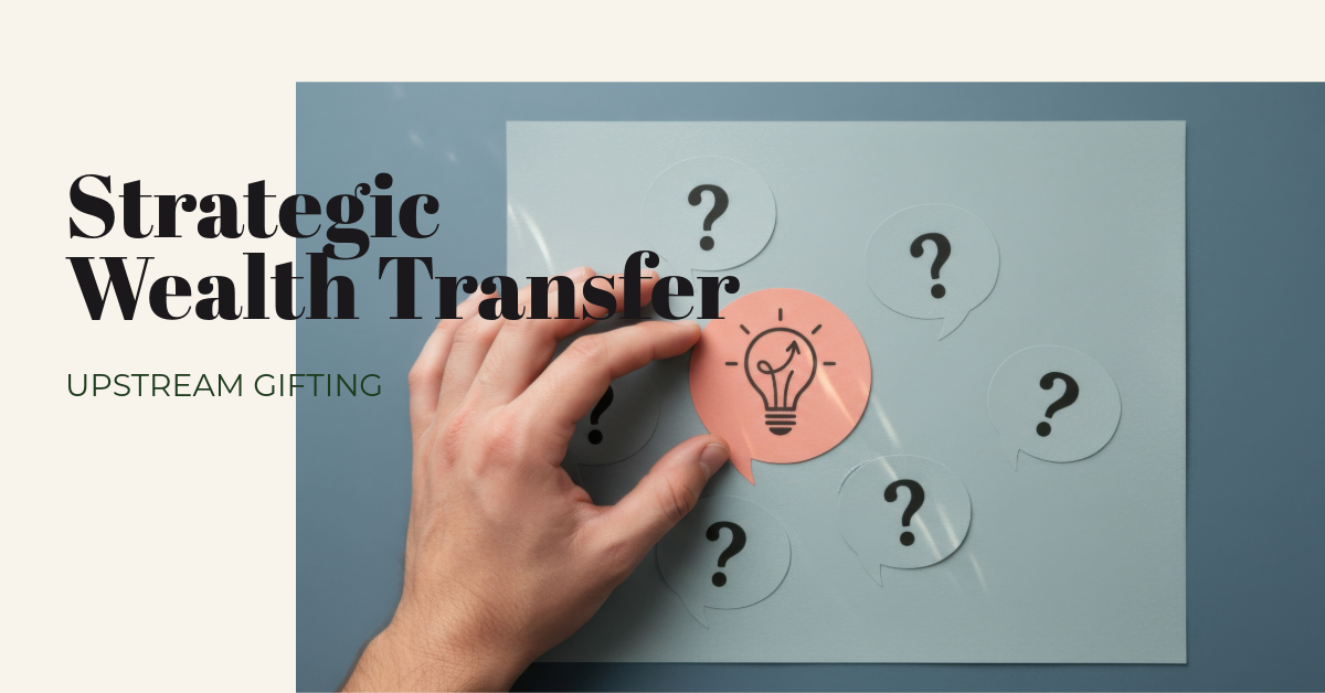 Hand places a pink lightbulb note among question-mark circles on a blue board, illustrating strategic wealth transfer ideas.